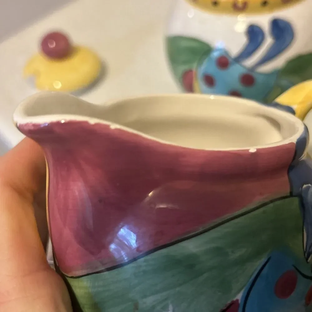 Vintage Hand Painted Creamer & Lidded Sugar Bowl Set Mediterranean Tuscan